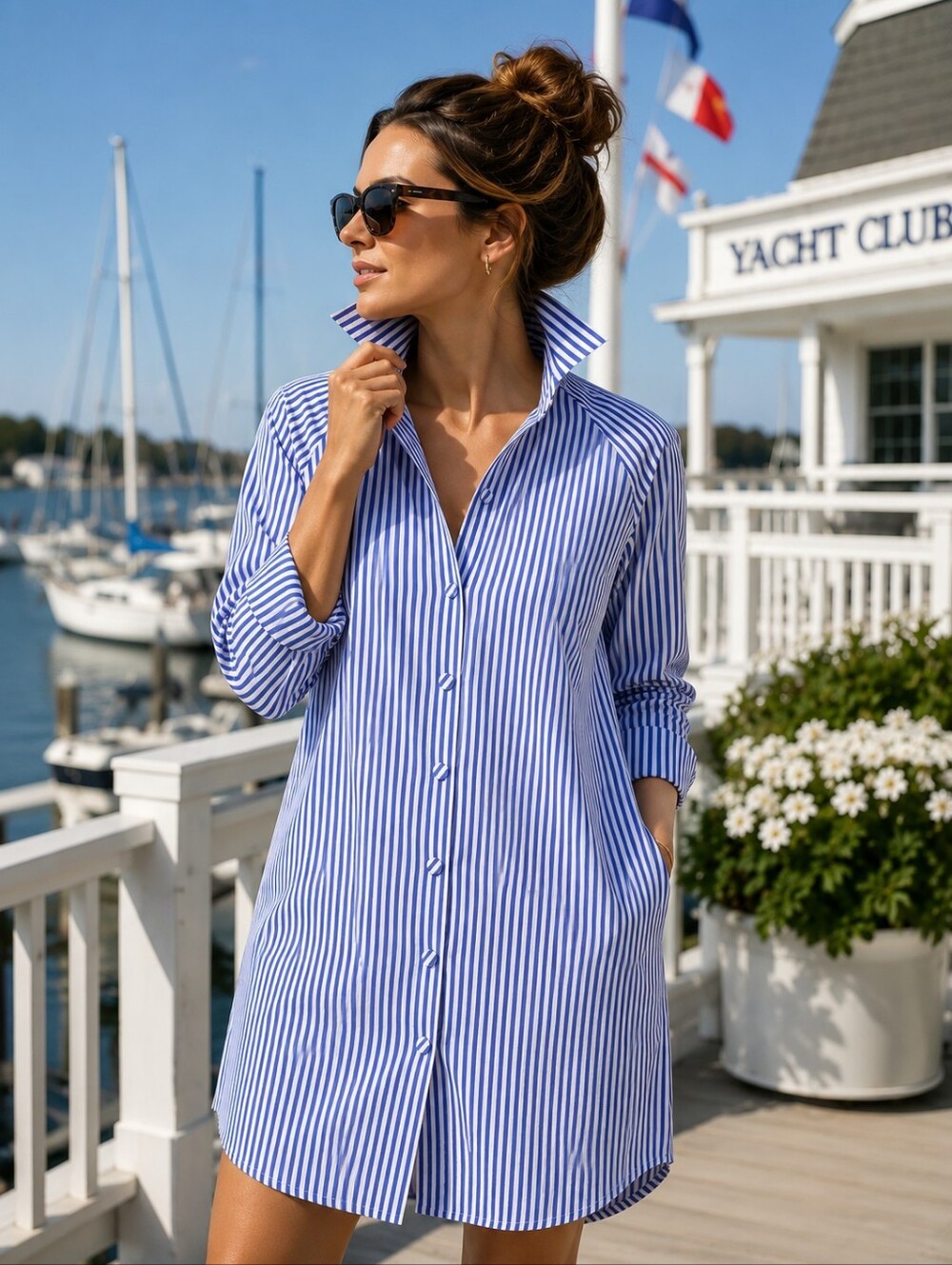 Scotch & Soda Blue and White Striped Button-Front Oversized Shirt Dress